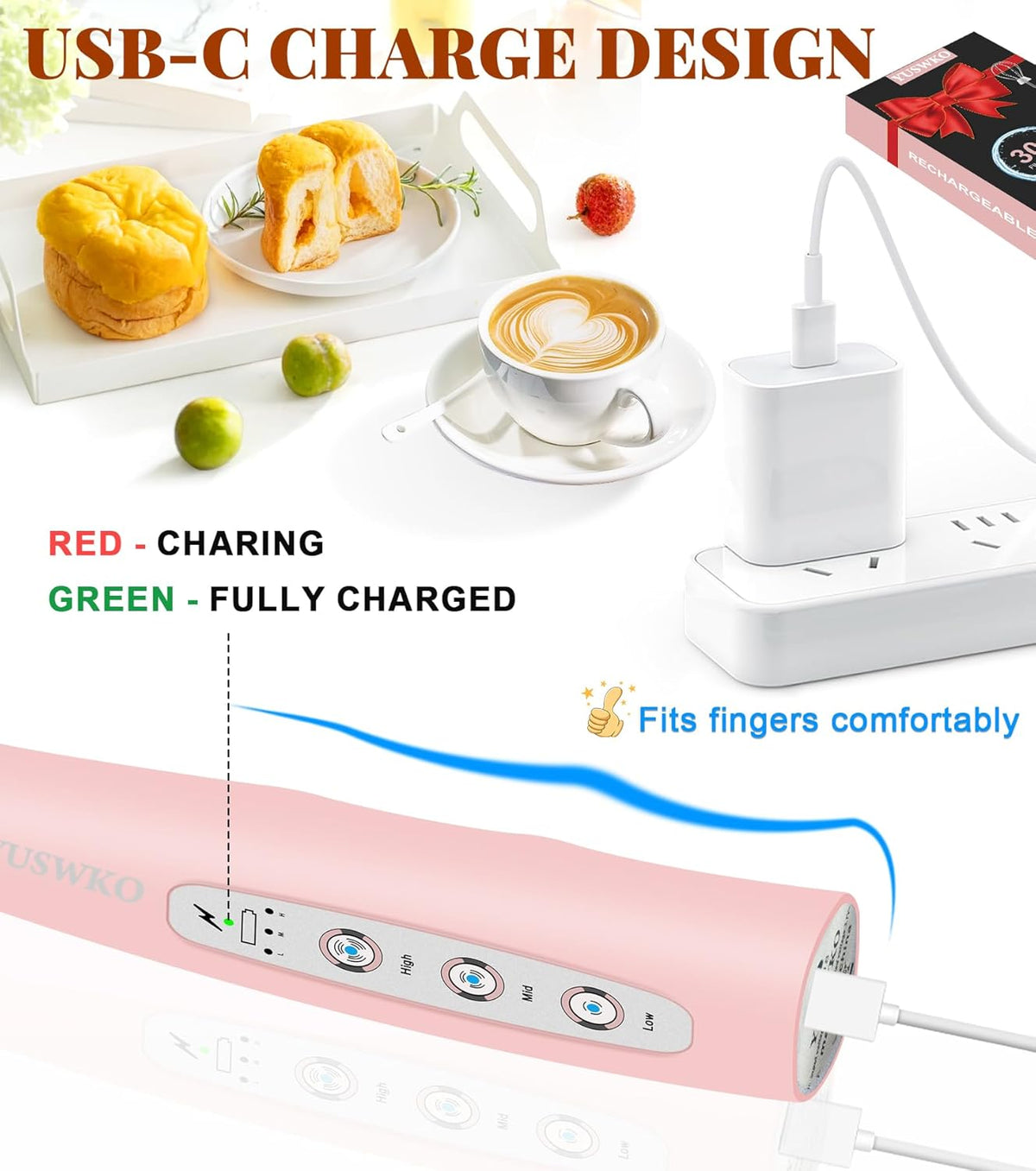 YUSWKO Milk Frother Handheld for Coffee, Rechargeable Drink Mixer with 3 Heads 3 Speeds Electric Coffee Frother Whisk, Gift for Many Occasions and Festival