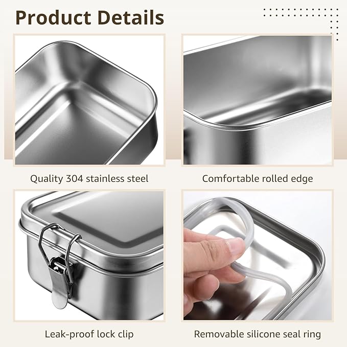 4 PCS Bento Boxes, 850 ML Stainless Steel Lunch Boxes, Food Storage Containers, Portable Metal Lunch Containers, Lockable Clips to Leak Proof, Reusable Dishwasher Safe Lunch Snack Boxes