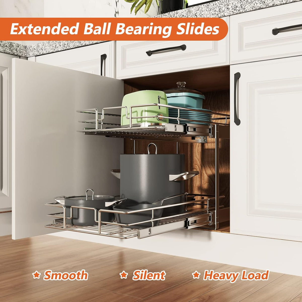 ROOMTEC Individual Pull Out Cabinet Organizer (14½" W x 21½" D), 2 Tier Spice Rack Organizer for Cabinet, Slide Out Drawer Pantry Shelf Organization and Storage for Kitchen Bathroom