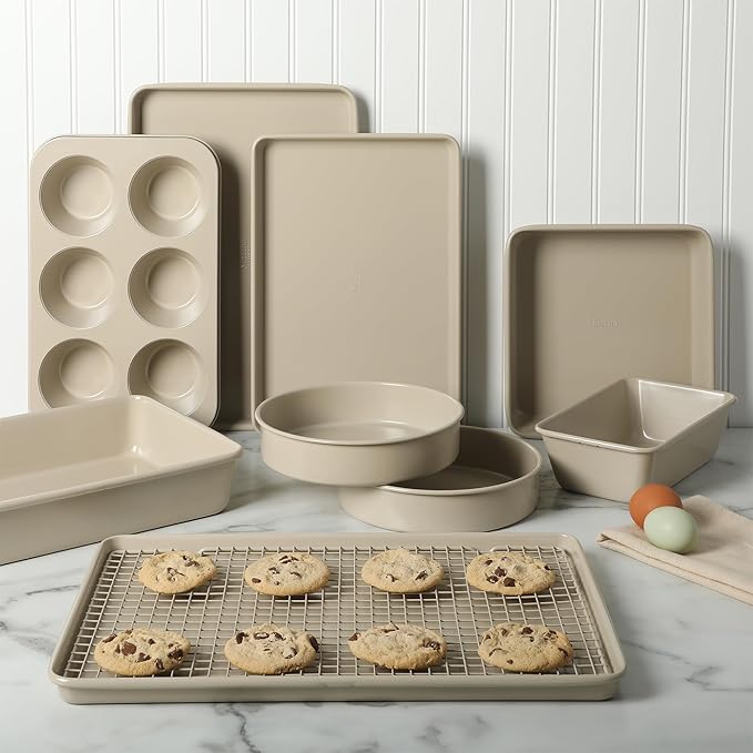Martha Stewart Gallen 10 Piece Baking Pans Ceramic PFA Free Non Toxic Non Stick Bakeware Set - Taupe