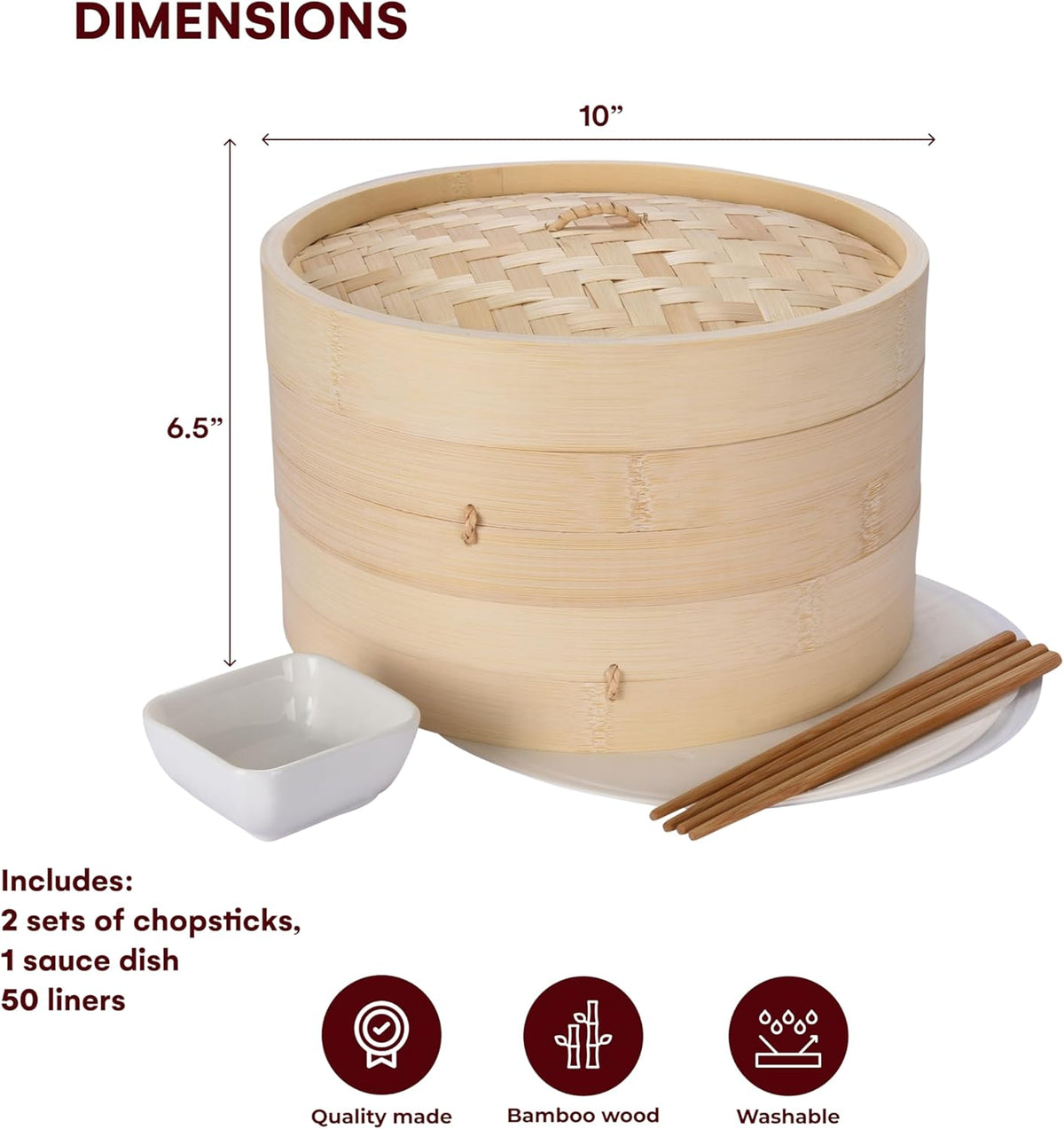 Vdomus Bamboo Steamer Basket - 10 inch Dumpling & Bun Steamer with Chopsticks - Natural Wood, Brown, Round Shape