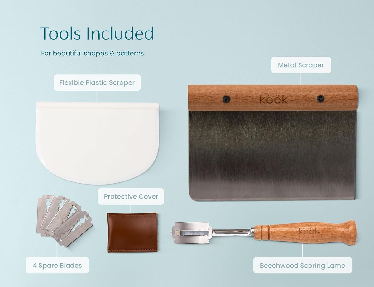 Kook Banneton Bread Proofing Set, Artisan Sourdough Bread Making Kit, 9.8 Inch Rattan Baskets and Liners, Metal & Plastic, Scrapers, Scoring Lame & Case, 4 Extra Blades, Set of 2, Oval