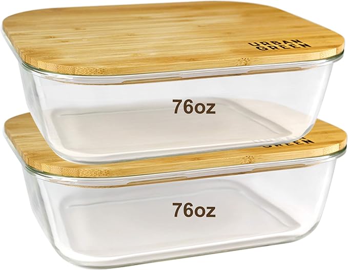 Urban Green Glass Food Storage Containers, XXLarge Size, 76oz/2260ml, 2 Pack - Bamboo Lids, Microwave & Freezer Safe, Meal Prep & Pantry Organization