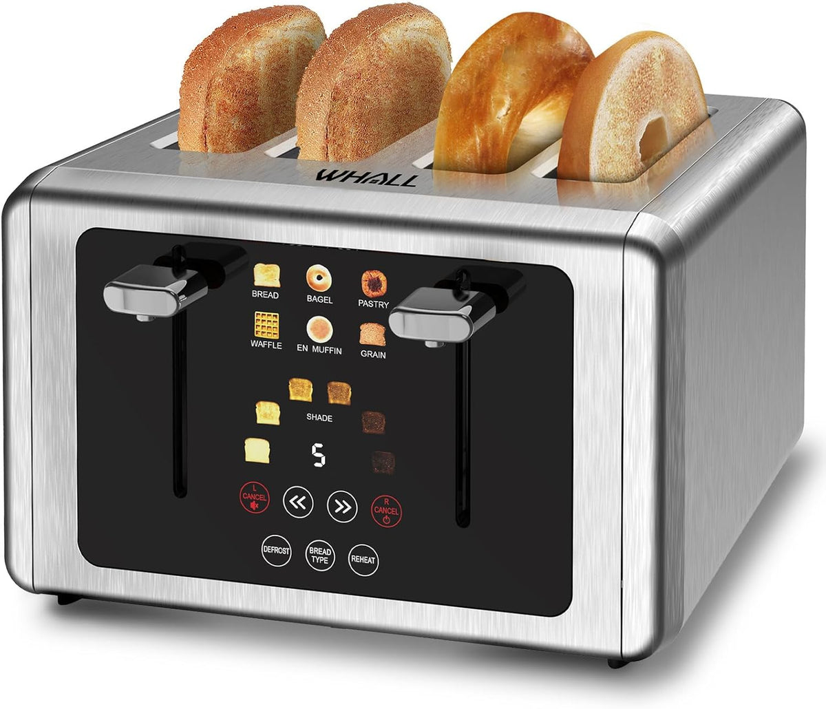 whall 4 Slice Touch Screen Toaster, Stainless Steel Toasters Digital Timer, Dual Control Panel Toasters，6 Shade Settings＆6 Bread Types, Smart Wide Slots, Bagel, Cancel, Defrost,Flat lever Stainless