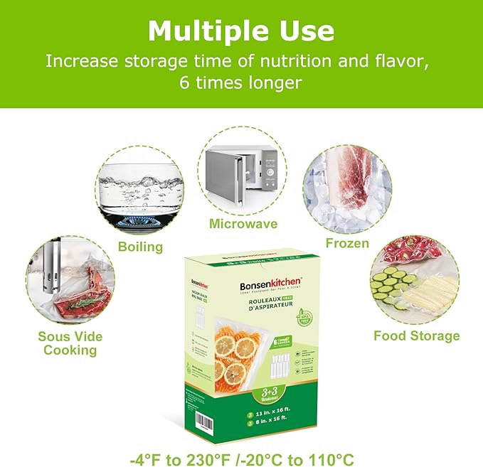 [2025 Upgraded] Bonsenkitchen 3 Rolls 11" x 16' + 3 Rolls 8" x 16' Vacuum Sealer Bags for Food with a Color Box, Easy to Store, Commercial Grade, BPA Free, Great for Food Storage or Sous Vide, VB22