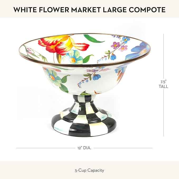MACKENZIE-CHILDS Enamel Compote, Cute Enamel Pedestal Serving Dish or Decorative Bowl, Large, White Flower Market