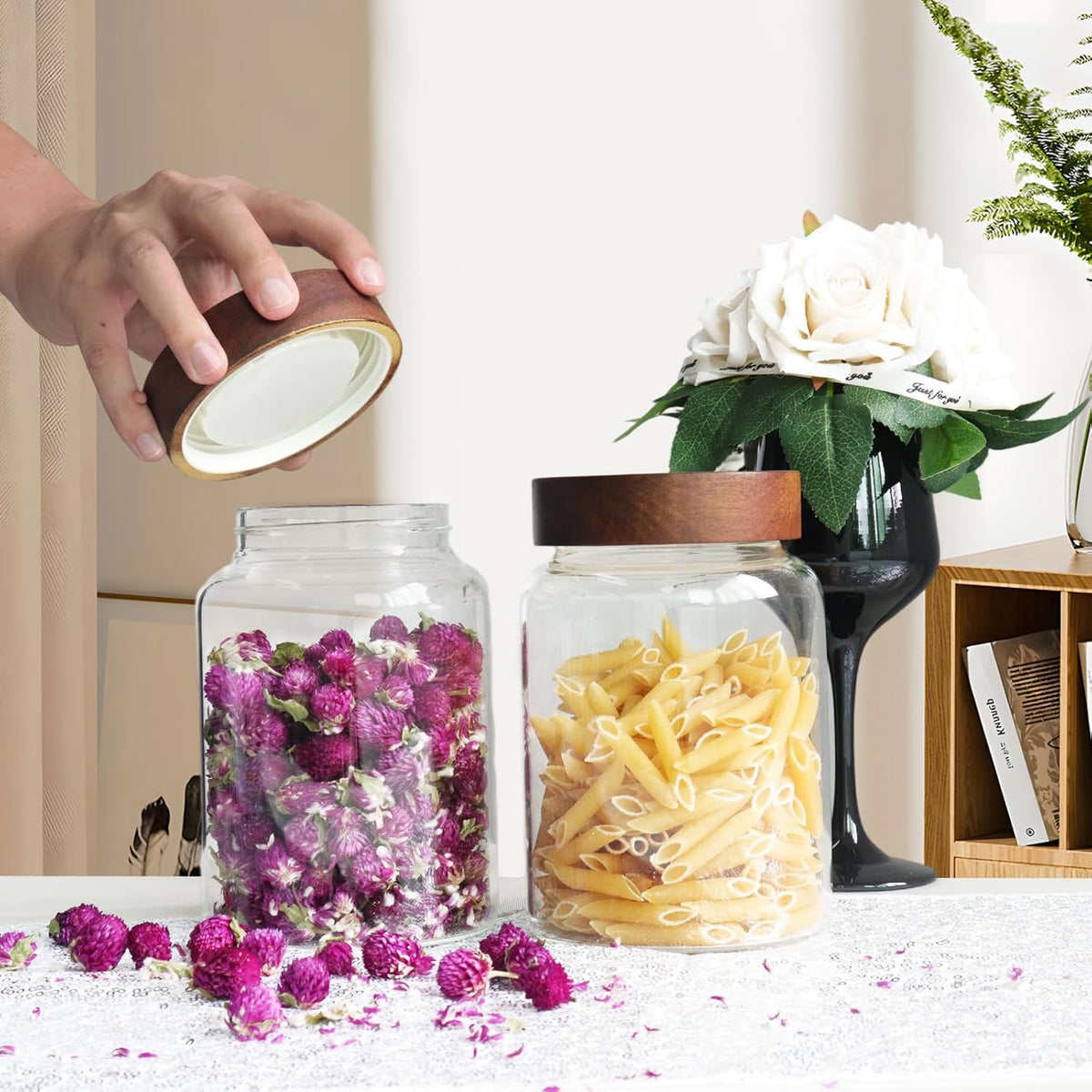 Glass Coffee Jars Spice Jar Round Storage Canister with Wooden Lid Clear Glass Food Jar for Pantry Sugar Tea Coffee Bean Spice Nuts Cookies Bath Salts (1200ml/40oz-1pack-A)