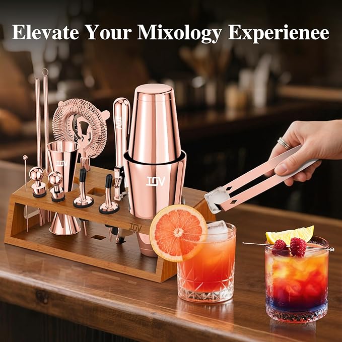 IOV Mixology Bartender Kit Bar Set with Stand | 17-Piece Cocktail Shaker Set | 28oz Boston Shaker Drink Mixer Set with All Essential Accessory Tools | Fun Housewarming Gift (Rose Gold)