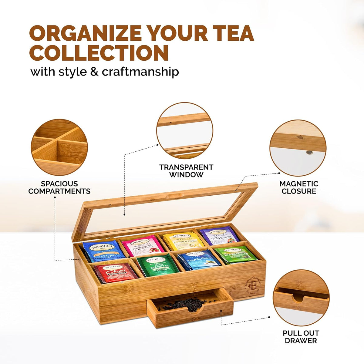 BAMBUSI Tea Bag Organizer - Bamboo Tea Box Storage with Drawer & Acrylic Window, Tea Organizer Holder, Tea Bag Holder, Tea Storage Box, Tea Box Organizer, Gift Idea for Home Kitchen (Tea Not Included)