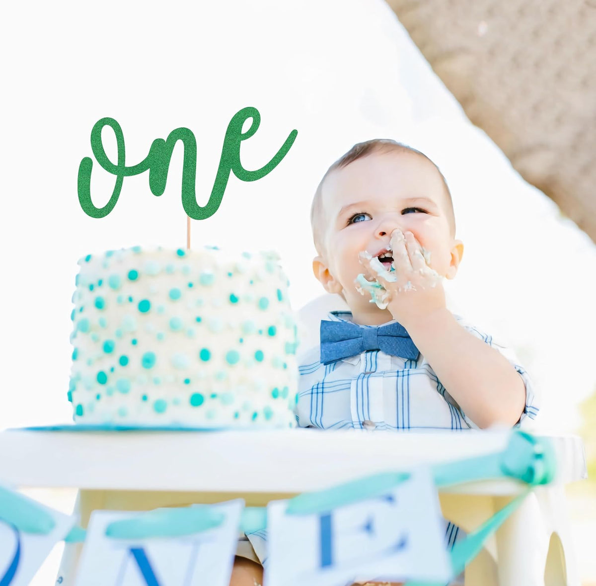 First Birthday Cake Topper - Green Glitter One Cake Decorating Supplies for Girls and Boys, Perfect for Baby Shower/Gender Revealing Party/Baby Party Photo Booth Props