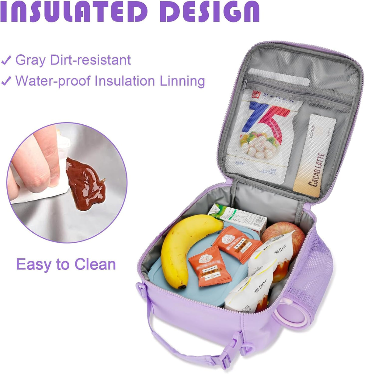 Initial Insulated Lunch Bag for Girls Kids, Back to School Gift, Reusable Leak-proof Lunch Box with Adjustable Strap for School Daycare Travel Picnic (Purple,O)