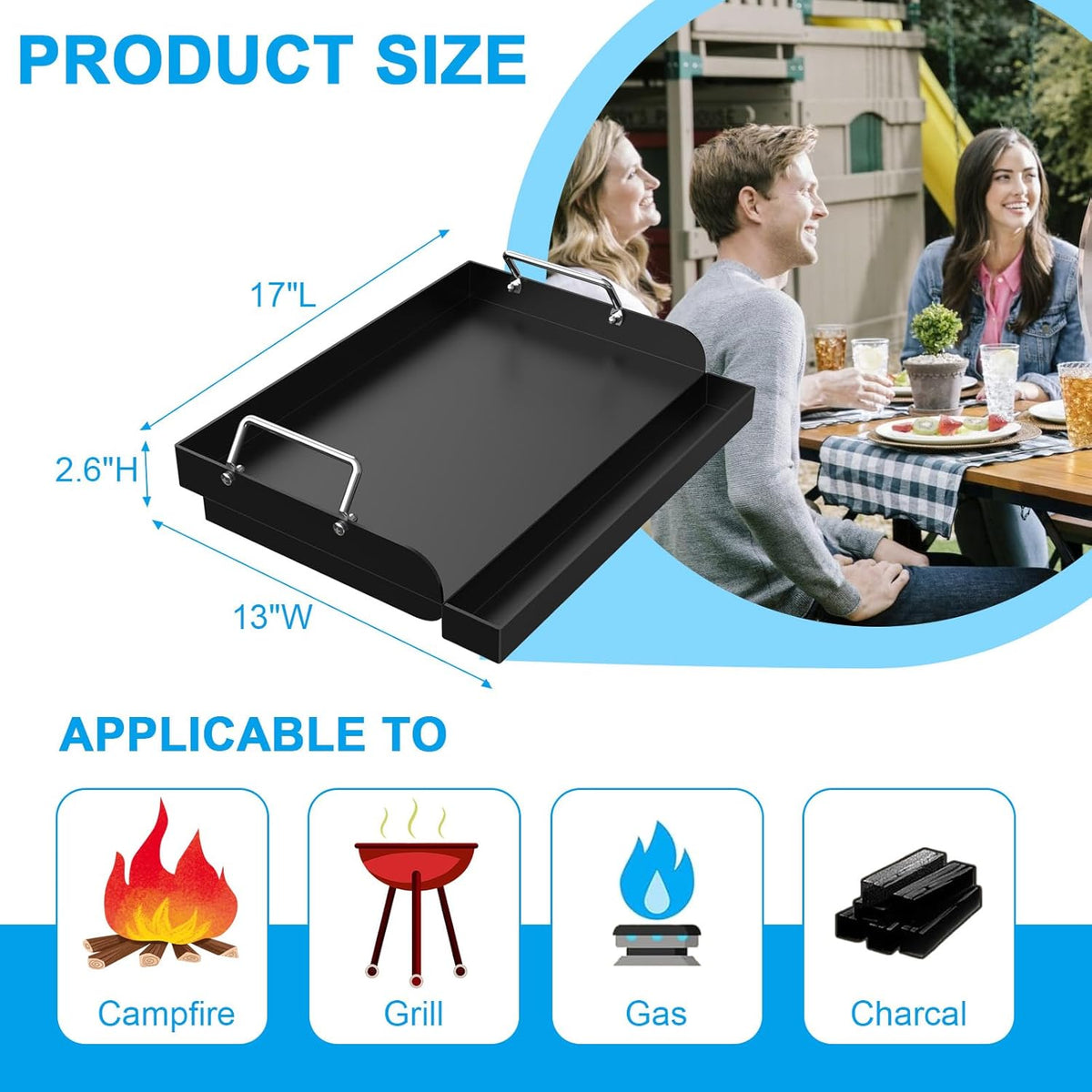 Nonstick Grill Griddle for Most Gas Grill 17" x 13" Universal Flat Top Cooking Plate Insert for Charcoal/Gas/Electric Oven with Grease Groove and Removable Handles