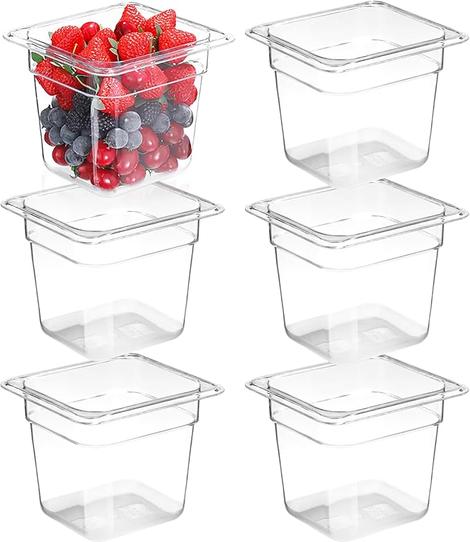 6 Pack 6'' Deep NSF Food Pans 1/6 Size | Commercial Food Storage Containers | Polycarbonate Plastic Pans for Restaurant | Commercial Grade for Food Prep | Clear