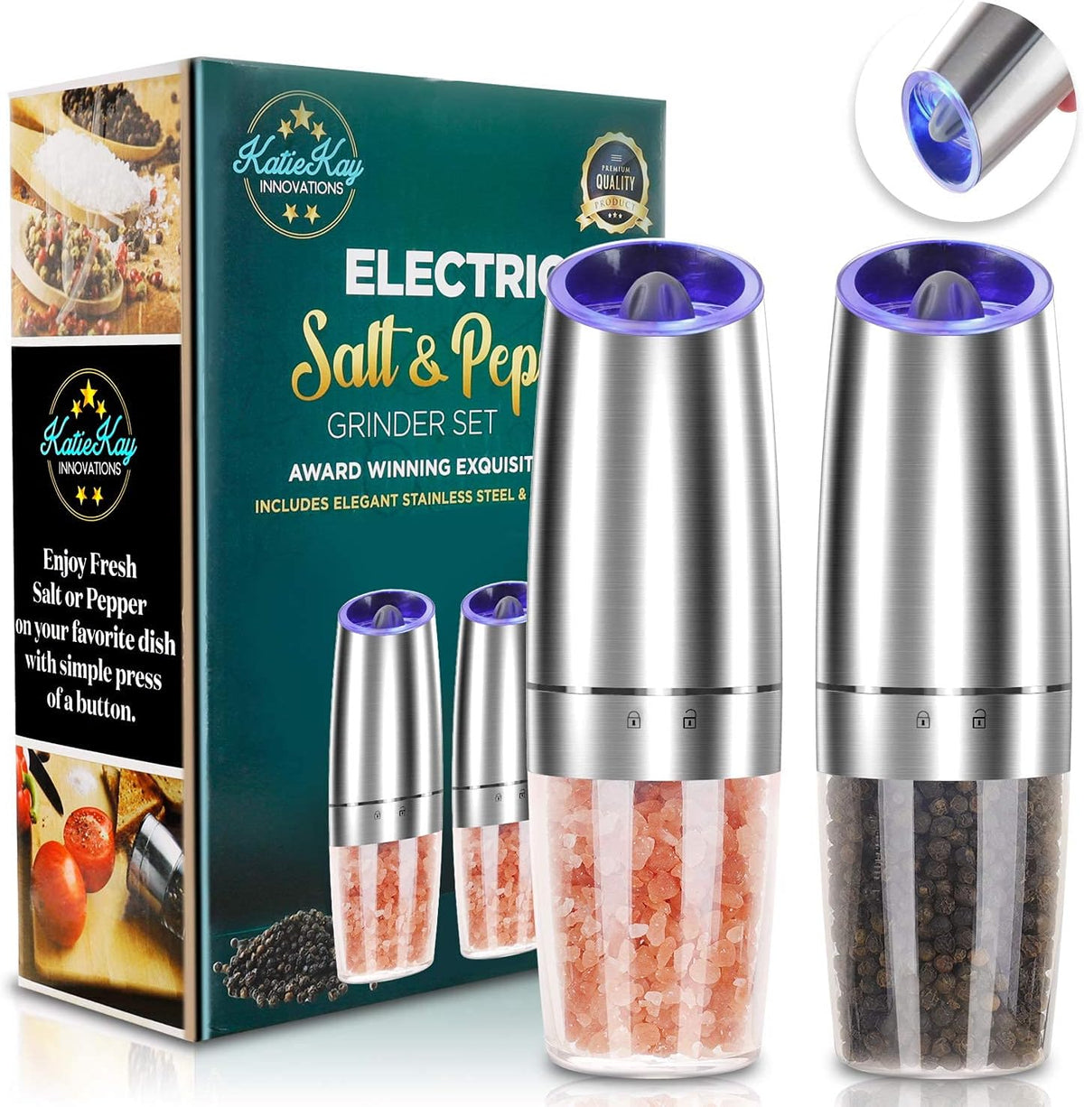 Gravity Electric Pepper and Salt Grinder Set, Adjustable Coarseness, Automatic Shakers Mill Grinder with LED Light, Battery Powered, Upgraded Larger Capacity, One Hand Operated (Sliver 2 Pack)