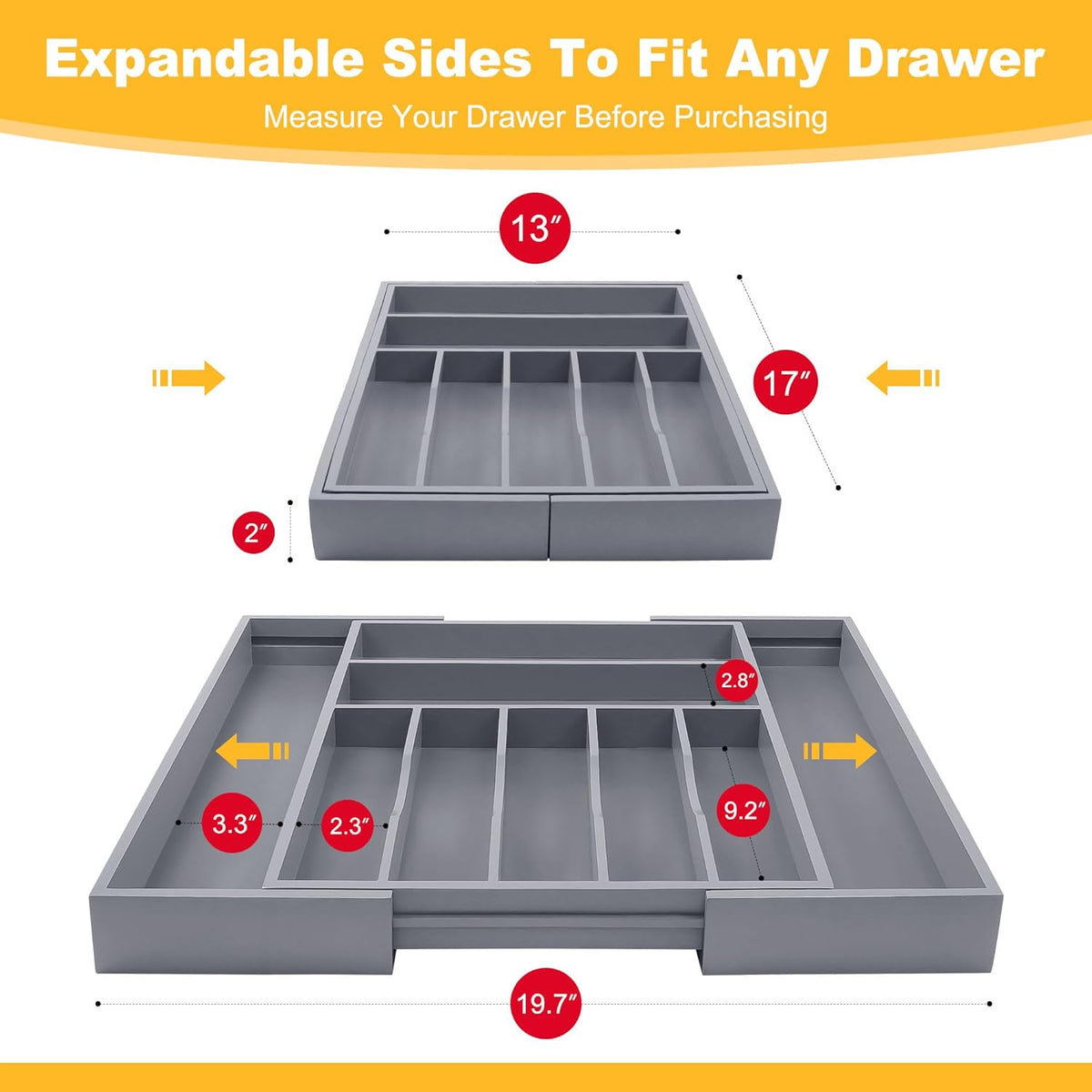 Large Premium Bamboo Silverware Organizer - Expandable Drawer Organizer & Utensil Organizer - 17"x19.7" Cutlery Tray with Dividers for Kitchen Utensils and Flatware (7-9 Slots) (Grey)