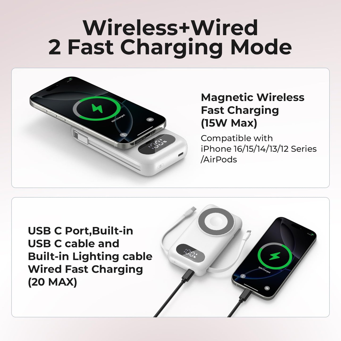 HUAENG Magnetic Portable Charger 26800mAh for iPhone 17/16/15/14/13/12 with Built-in Cables，6-in-1 Wireless Power Bank with iWatch Charger and Compatible with Samsung, Android Phones(White)