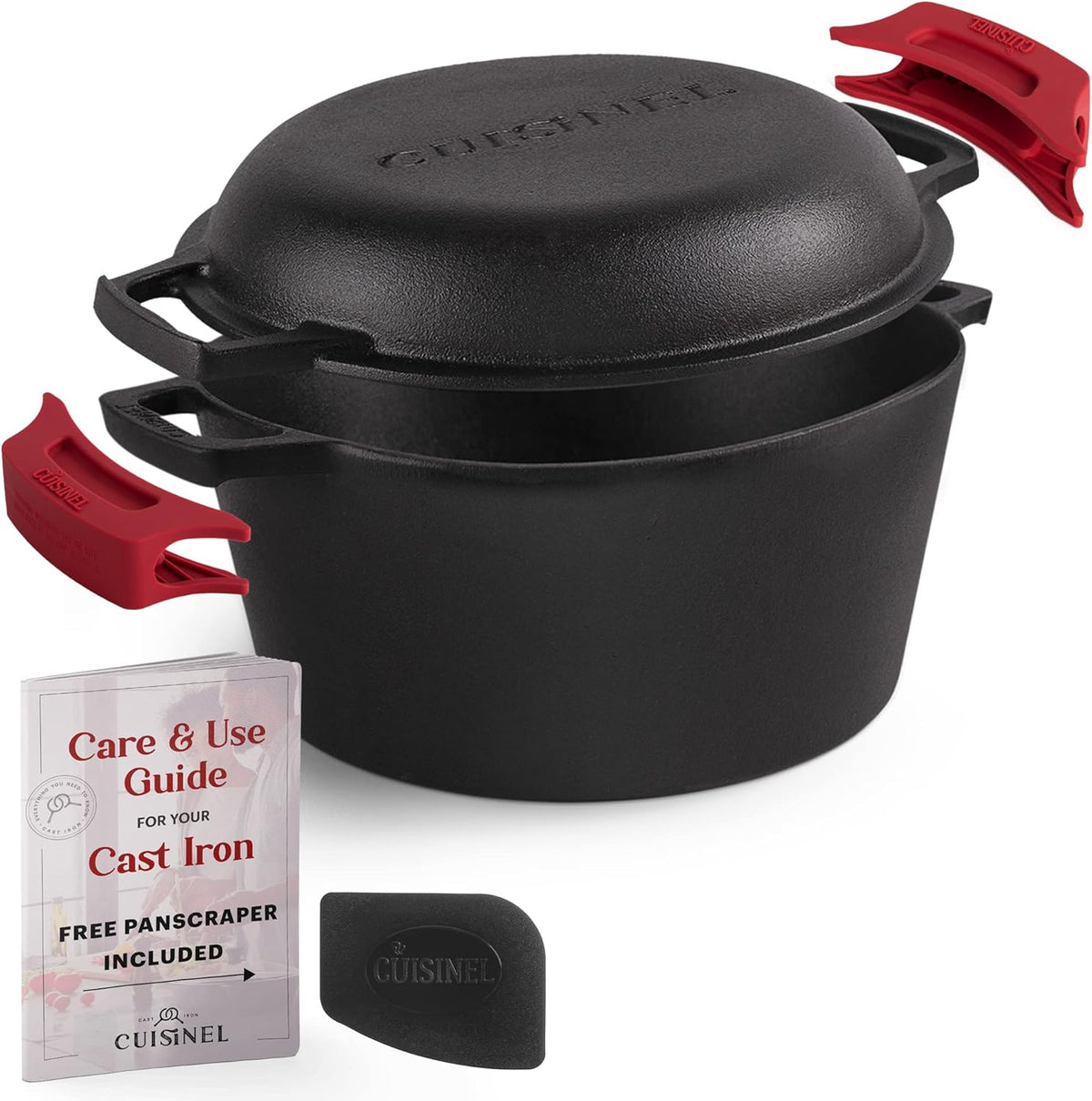 Cuisinel Cast Iron Dutch Oven - 5-Quart Deep Pot - Preseasoned 2-in-1 Multi-Cooker - Combo Lid Doubles as 10"-inch Skillet Frying Pan + Silicone Handle Covers + Scraper - Indoor/Outdoor Bread Cookware
