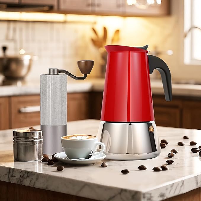 Moka Pot, 6 Cups (10.6 oz) Stovetop Espresso Maker, 304 Stainless Steel Moka Pot, Induction Compatible, Red