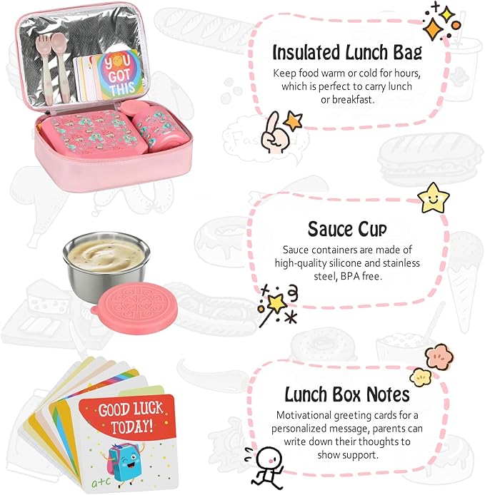 Itslife Bento Lunch Box Set for Kids with 12oz Soup Thermo&Lunch Bag, Leak-Proof Lunch Food Containers for Kids School, 5 Compartment, Sauce Cup, 10 Notes (Unicorn Pink)