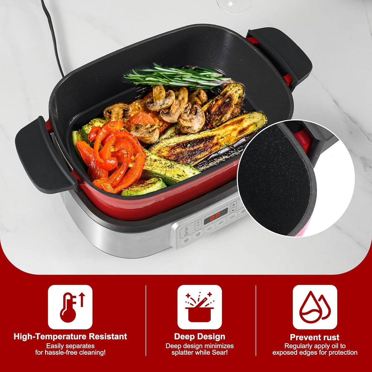 Electric Dutch Oven Multi-Cooker 6-in-1, 5.8QT Enameled Cast Iron Pot - Oven Safe Pot to 392℉, 1250W Fast Heating, 6 Preset Functions- Slow Cook, Sauté, Sear, Steam, Fast Cook, Keep Warm