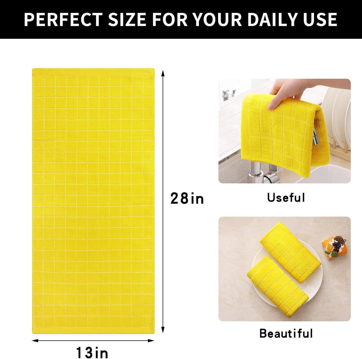 Homaxy 100% Cotton Terry Kitchen Towels(Yellow, 13 x 28 inches), Checkered Designed, Soft and Super Absorbent Dish Towels, 8 Pack