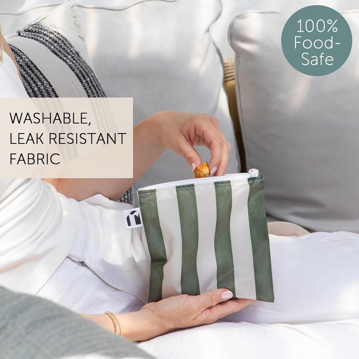 Roamio Reusable Sandwich and Snack Bags, for Kids School Lunch and for Adults Portion, Washable Fabric, Waterproof Cloth Zip Bag, Pack Travel Pouch, Food-Safe, 4-pack Set Green Stripe and Multi Check