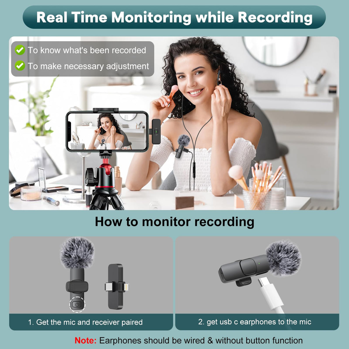 MAYBESTA Wireless Mini Microphone for iPhone, Android Phone - 2 Pack Lavalier Lapel Mic for Audio Video Recording - Clip on Content Creator Microphones for YouTube Tiktok Podcast Vlogging