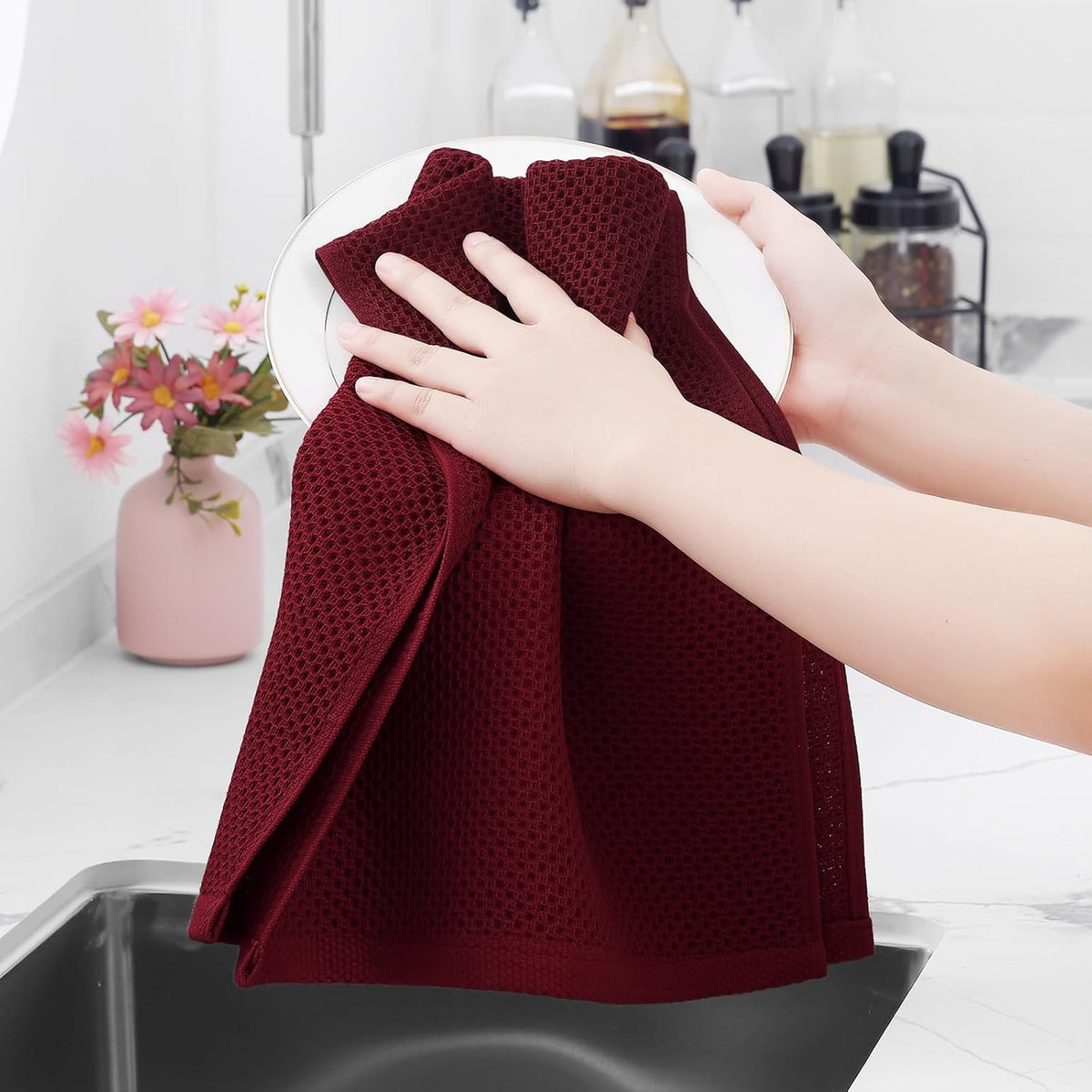 Homaxy 100% Cotton Waffle Weave Kitchen Dish Towels, Ultra Soft Absorbent Quick Drying Cleaning Towel, 13 x 28 Inches, 8-Pack, Burgundy
