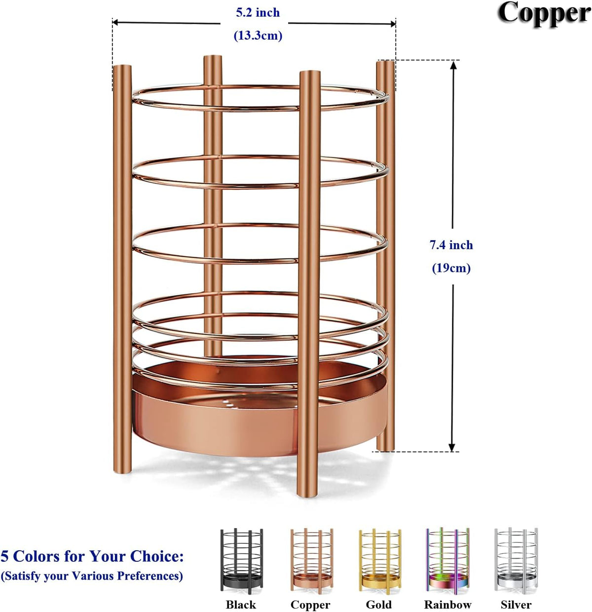 Copper Kitchen Utensil Holder for Kitchen Counter, Stainless Steel Utensil Crocks, Titanium Coating Utensil Storage Caddy Organizer, Cooking Utensil Holder, Easy Cleaning (Rose Gold/7.4''x5.2'')