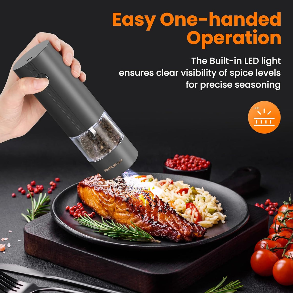SIMPLETASTE Electric Salt and Pepper Grinder Set Rechargeable with LED Light and Dust Cover, Automatic Pepper Mill Shakers with Adjustable Coarseness, One Hand Operation for Kitchen, Dining, Gifting