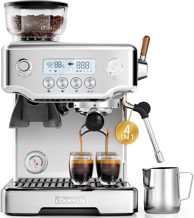 COUPLUX Espresso Machine with Grinder, 5-Temperature (190~205℉) Professional Espresso Machine 58MM with Powerful Milk Frother 15 Bar Expresso Coffee Machines for Espresso Americano Cappuccino & Latte