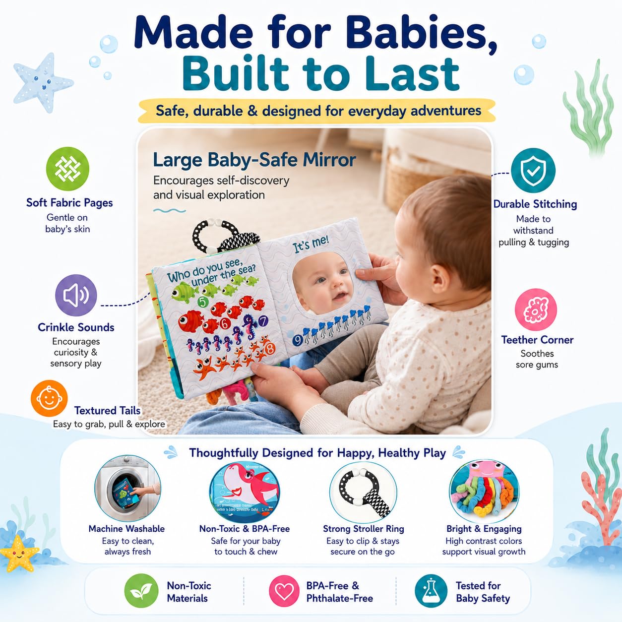 Fish Baby Books Toys, Touch Feel Cloth Crinkle Books for Babies,Baby Infant Toys 0-6, 6-12,12-18 Months,Newborn,Early Learning Education, Baby Gifts Shower for Boys Girls,Teething, Mirror,Shark Ocean