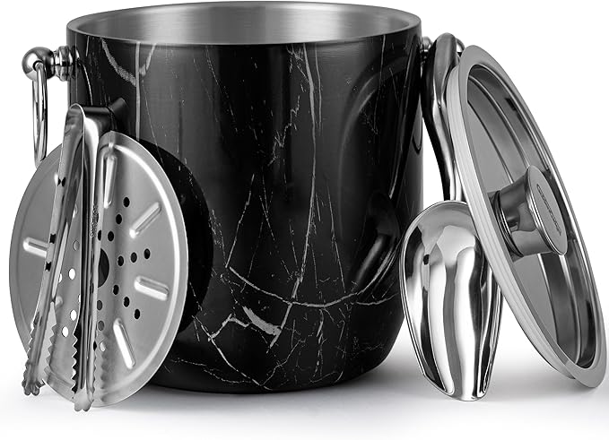 3 Liters Ice Bucket, Double Wall Stainless Steel, Insulated Ice Bucket, Including Strainer & Ice Cover Ice Tongs, Scoope,Black Marble