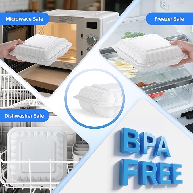 YANGRUI Food Containers 8 Inch 34 oz 55 Pack - Shrink Sealed & Stackable | BPA Free Mineral Filled PP Plastic | Heavy Duty Freezer & Microwave Safe | Restaurant Grade 3 Section White Lunch Boxes