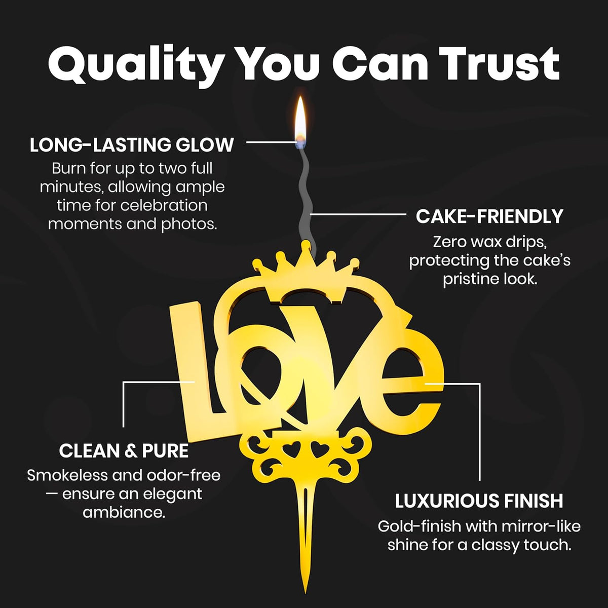 Love Reusable Gold Romantic Cake Candle - Luxury Cake Topper Candle for Birthdays, Weddings & Anniversaries - Reusable Food Safe Acrylic, Shiny Mirror Finish - Happy Birthday Cake Topper Décor