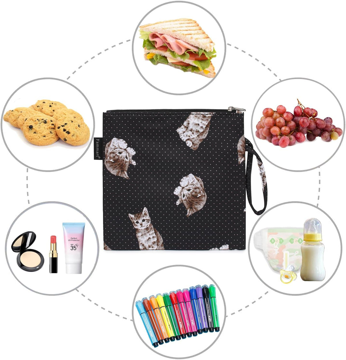 Reusable Sandwich Bag/Snack Bag for Kids & Adults, Dual Layer Lunch Bag with Handle, Washable, Food Safe, BPA Free (1-Pack, Dot&Cat)