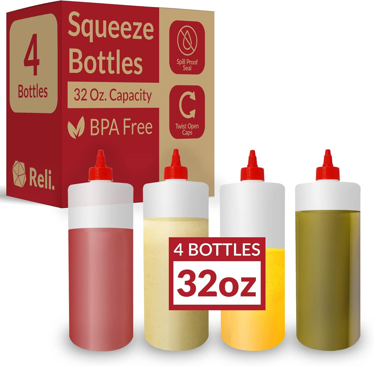 Reli. Plastic Squeeze Bottles, 32 oz. | 4 Pack | Condiment Squeeze Bottles for Sauces | Clear w/Red Twist Cap | 32 Ounce Hot Sauce, Ketchup | Condiments, Olive Oil, Liquids