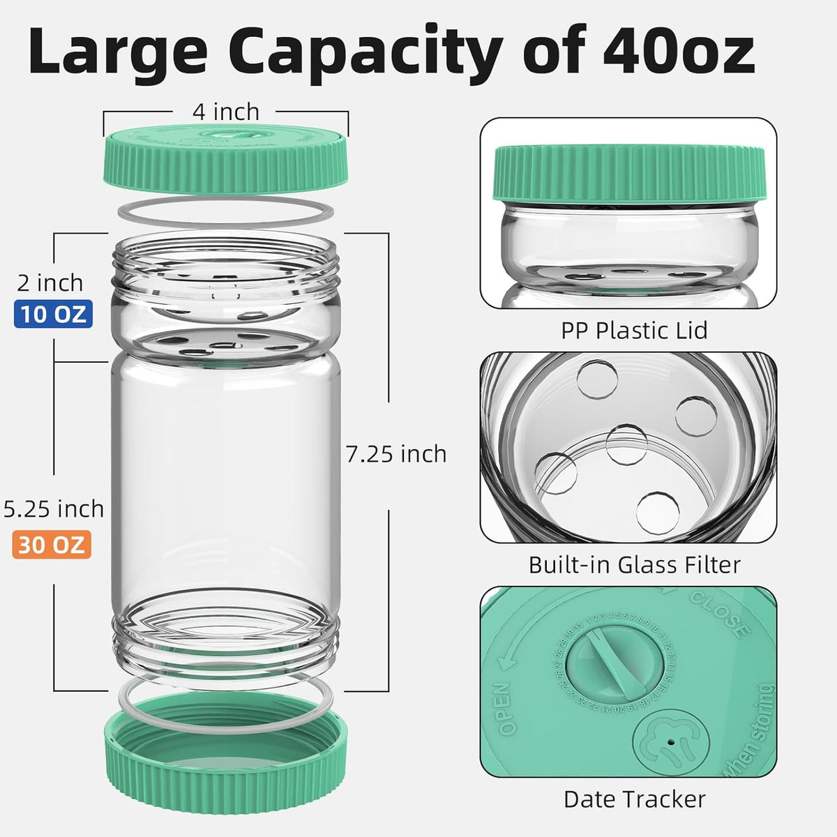 Glass Pickle Jar with Strainer Flip, 40oz Hourglass Airtight Container, Easy Open Refrigerator Storage Pickles Juice Separator for Olive Jalapeno Gherkin, Green