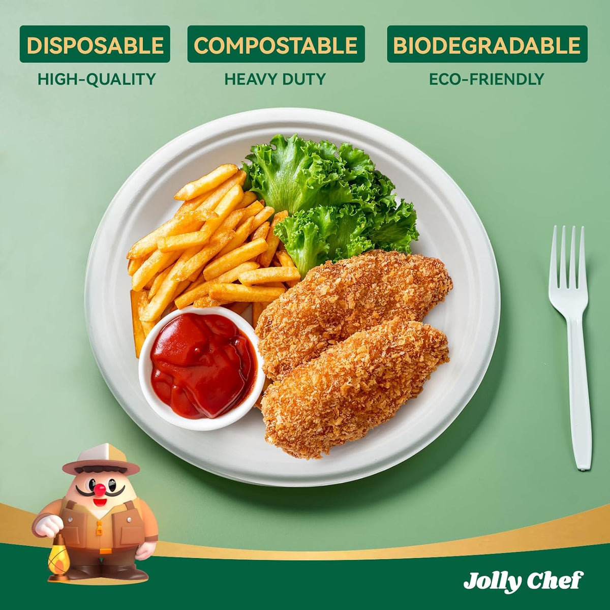 JOLLY CHEF Compostable Heavy Duty Plates 𝟭𝟬 𝗜𝗻𝗰𝗵 [𝟭𝟮𝟱 𝗣𝗮𝗰𝗸] Eco-Friendly Disposable White Paper Plates Made of Bagasse Biodegradable Bulk for Party Dinner Sugarcane Fibers Round 125 Count