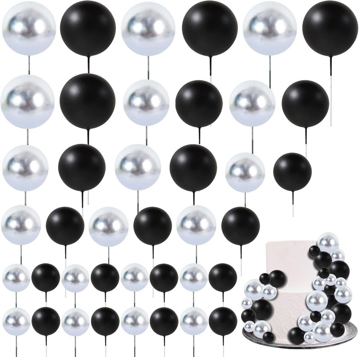 BEISHIDA 40 Pcs Ball Cake Toppers Mini Balls Cake Decorations Black Silver Foam Balls Sticks DIY Cake Topper for Baking Congrats Grade 2025 Graduation Birthday Retirement(Black Silver)