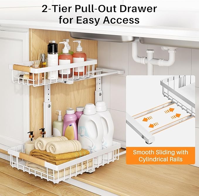 PXRACK 2 Pack Under Sink Organizer,Adjustable Height,2 Tier Pull Out Under Cabinet Organizer,Slide Out Thickened Metal Under Sink Storage for Kitchen Bathroom Laundry Cabinet Pantry,White