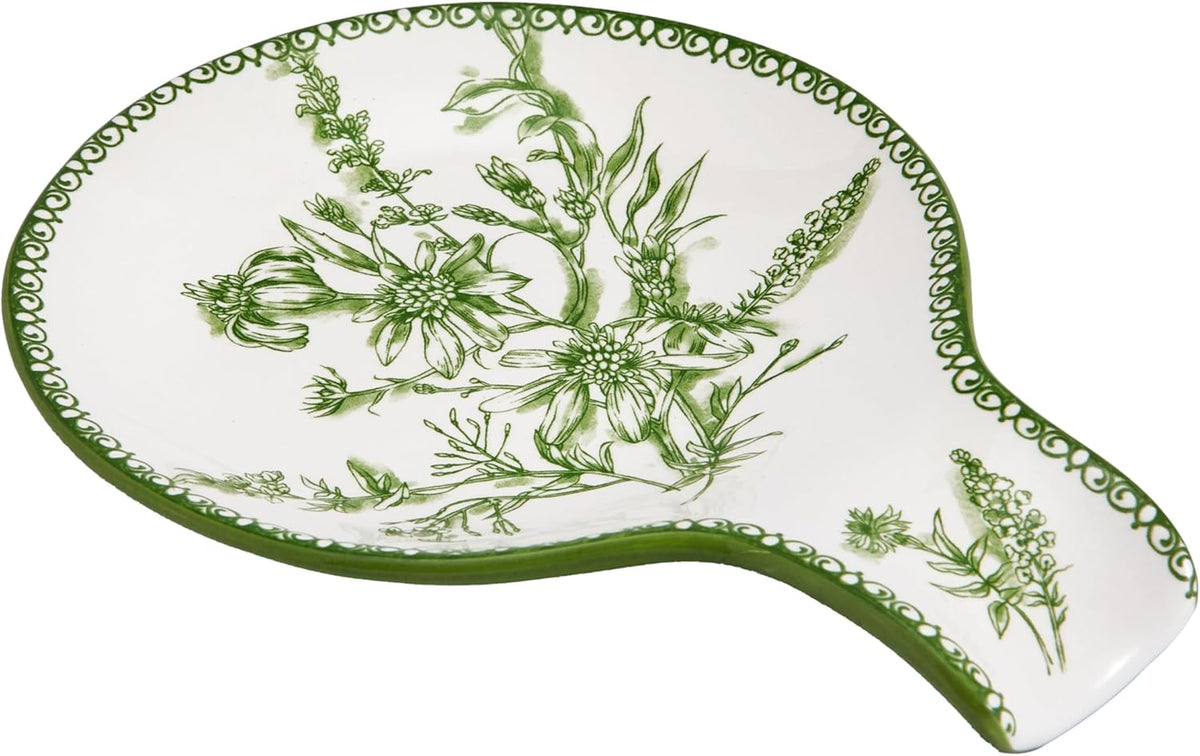 Bico Green Garden Toile De Jouy Spoon Rest for Stove Top, Ceramic Spoon Holder for Kitchen Counter, Easy to Clean Coffee Spoon Rest Dishwasher Safe, Kitchen Cooking Utensil Rest for Ladles Spatula