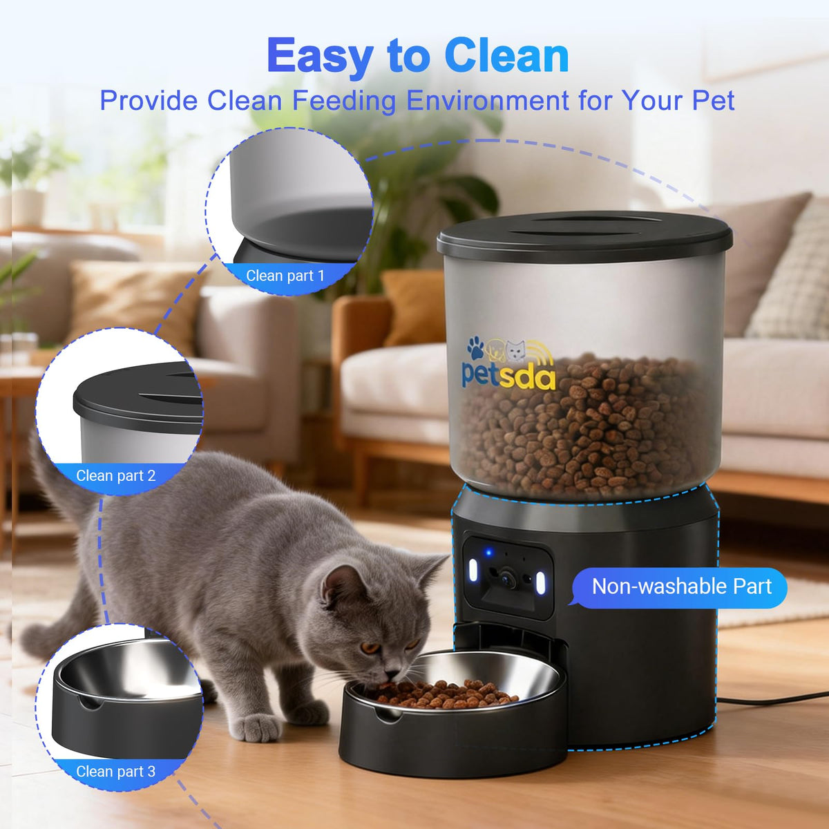 PETSDA Automatic Cat Feeder with 2K Camera 5G WiFi 4L Timed Dry Food Dispenser APP Control, 15 Meals Programmable 1-20 Portion Per Day Dual Power Supply with Stainless Bowl for Multiple Pet Easy Clean