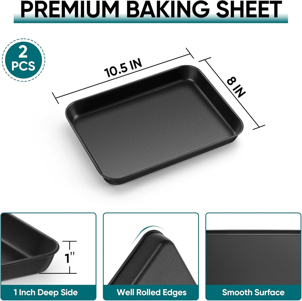 E-far Baking Sheet Set of 2, 10.5" x 8" x 1" Cookie Sheet Pan for Baking, Nonstick Carbon Steel Baking Trays for Toaster Oven, Heat-Resistant & Easy Clean, Black