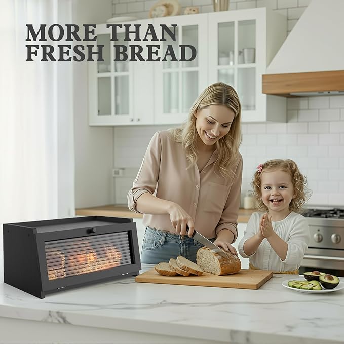 LOHASOK Bread Box for Kitchen Countertop Large Bread Box Farmhouse Bread Container Bread Storage with Window Bread Holder Black