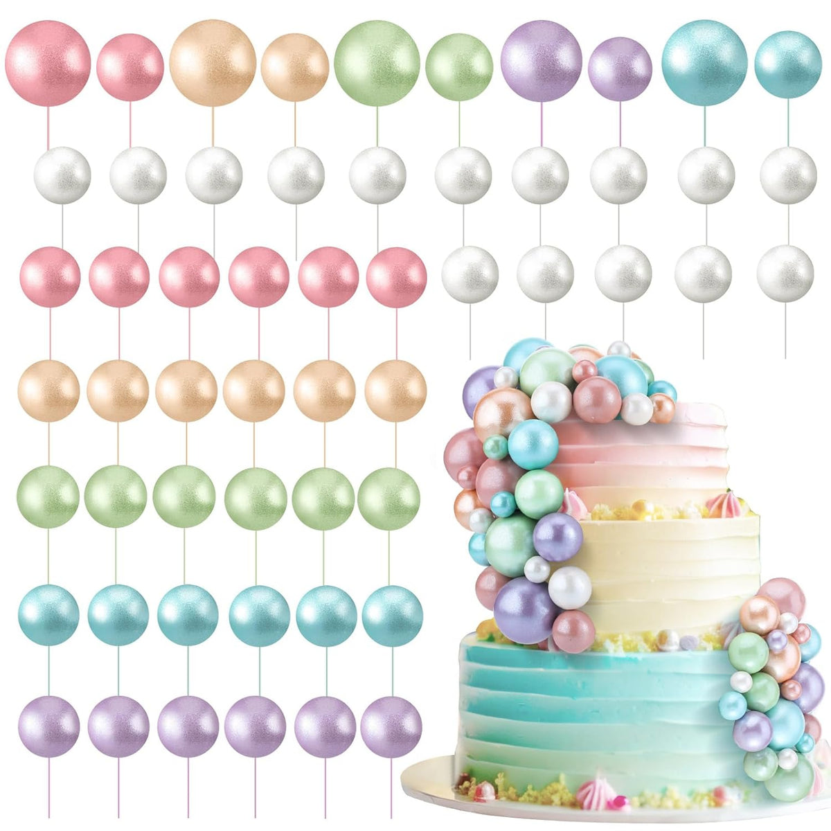 108 Pcs Balls Cake Topper DIY Cupcake Insert Foam Balloons for Cake Baking Wedding Anniversary Birthday Decoration(Gold,Yellow,Green,White,Blue,Purple,Multi Sizes)