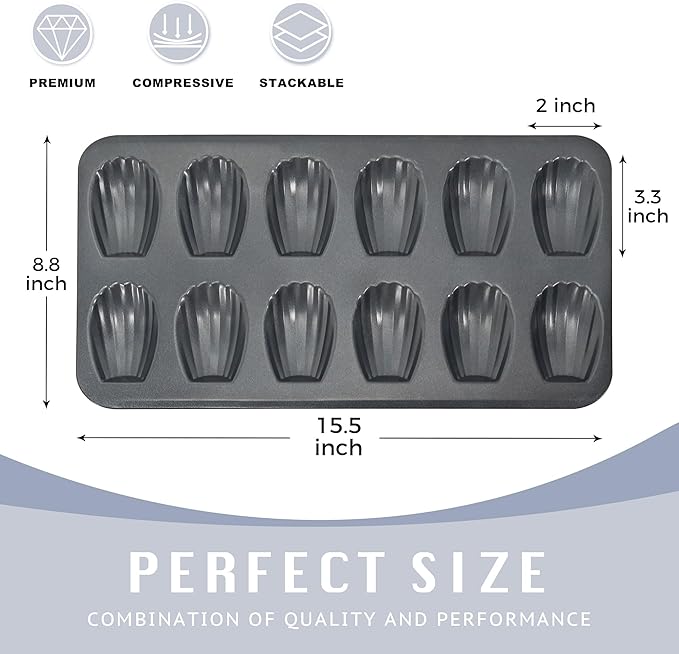 HONGBAKE Nonstick Madeleine Pan 2 Pack 12-Cavity Heavy Duty Madeleine Cookies Trays for Oven Baking, Warp Resistant Shell Shape Madeleine Mold Cake Pan, Space Grey