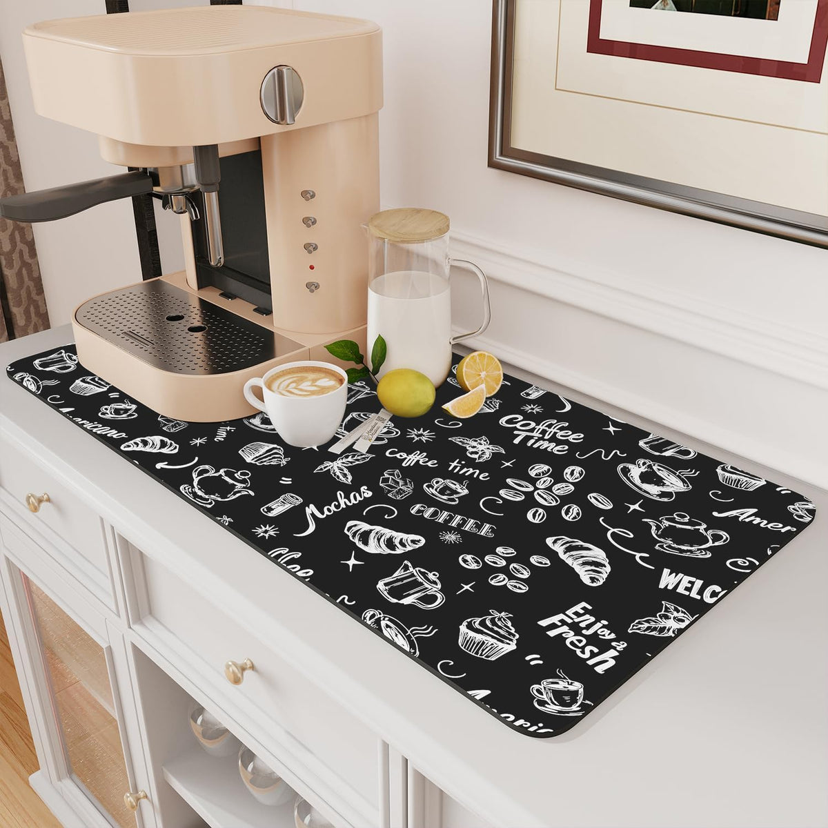 AMOAMI Coffee Mat Hide Stain Rubber Backed Absorbent Dish Drying Mat for Kitchen Counter - Fits Under Coffee Maker & Machine (17x31.5, Ink)