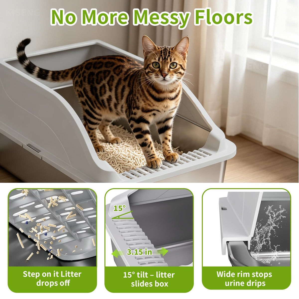 Stainless Steel Cat Litter Box, Extra Large XL Odor Free Metal Litter Box with High Sides Lid, Open Top Litter Pan Include Scoop Easy Cleaning Kitty Cat Box Anti-Urine Leakage, Non-Sticky