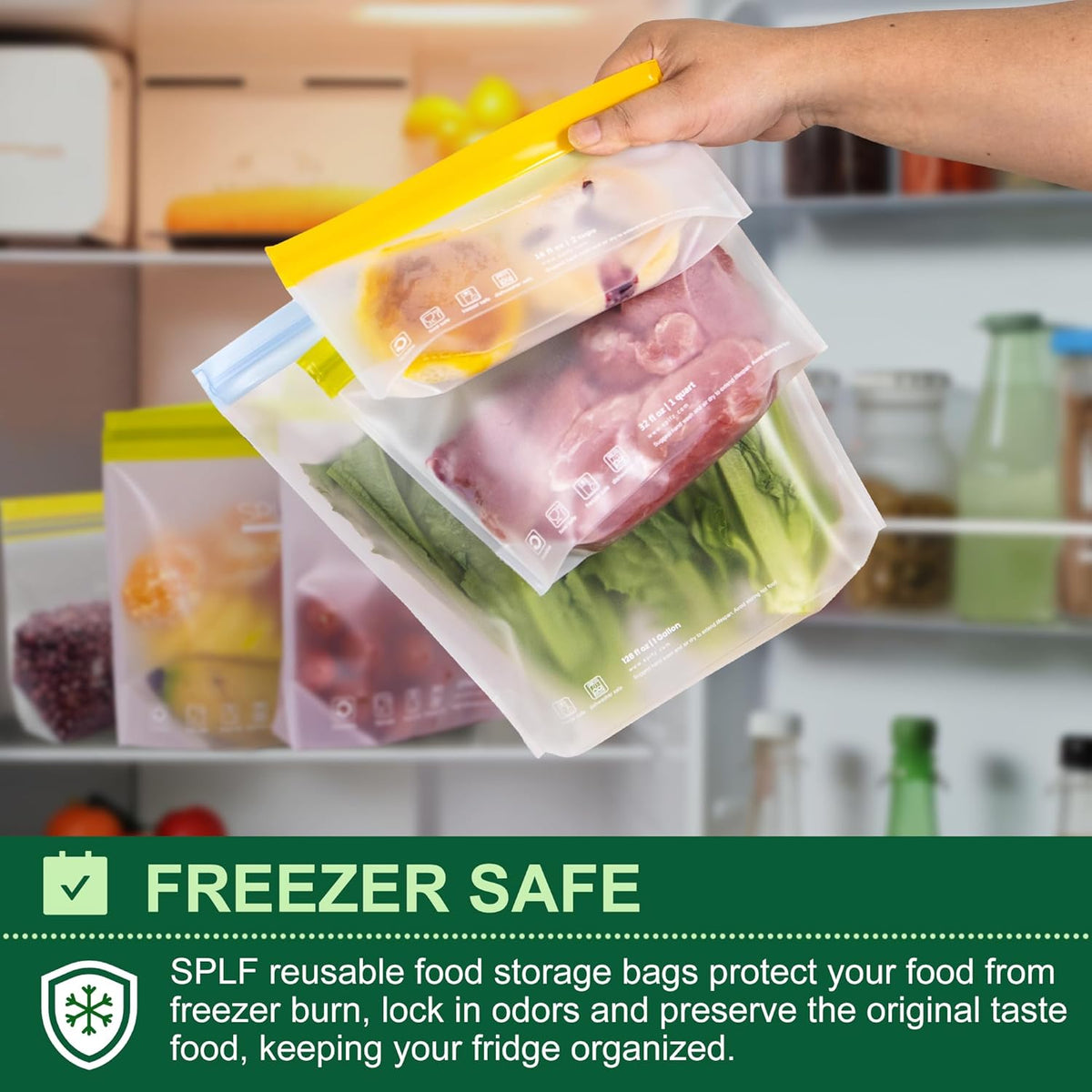 SPLF 6 Pack Stand-Up Reusable 2 Gallon Freezer Bags Dishwasher Safe, Reusable Freezer Bags 2 Gallon, Leakproof BPA Free Food Storage Bags for Marinate Meat, Veggies, Homemade Bread, Snack, Travel Item